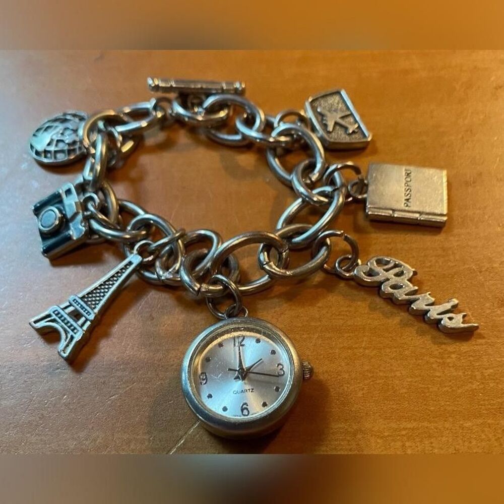 Vintage Paris Charm Bracelet Watch Eiffel Tower Passport Camera Globe Airplane